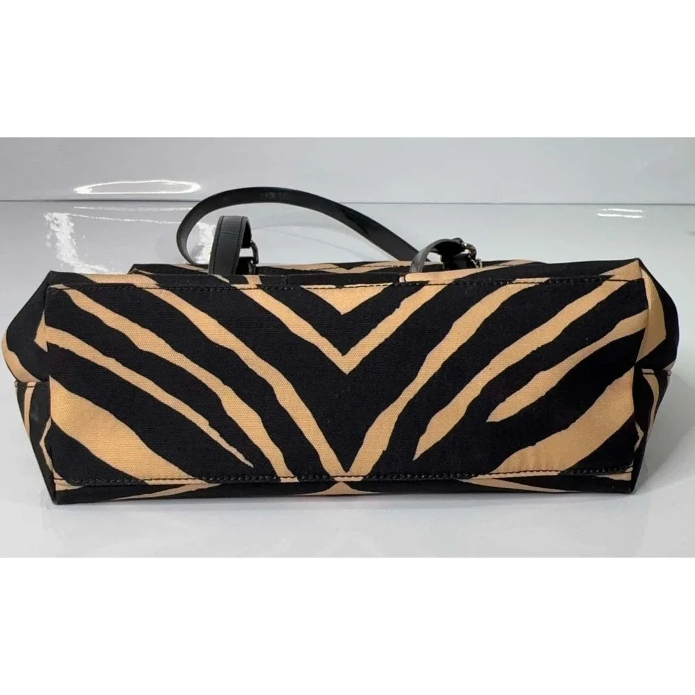 Coach F23283 Signature Stripe Zebra Print Tote Black Tan Patent Shoulder Bag Y2K